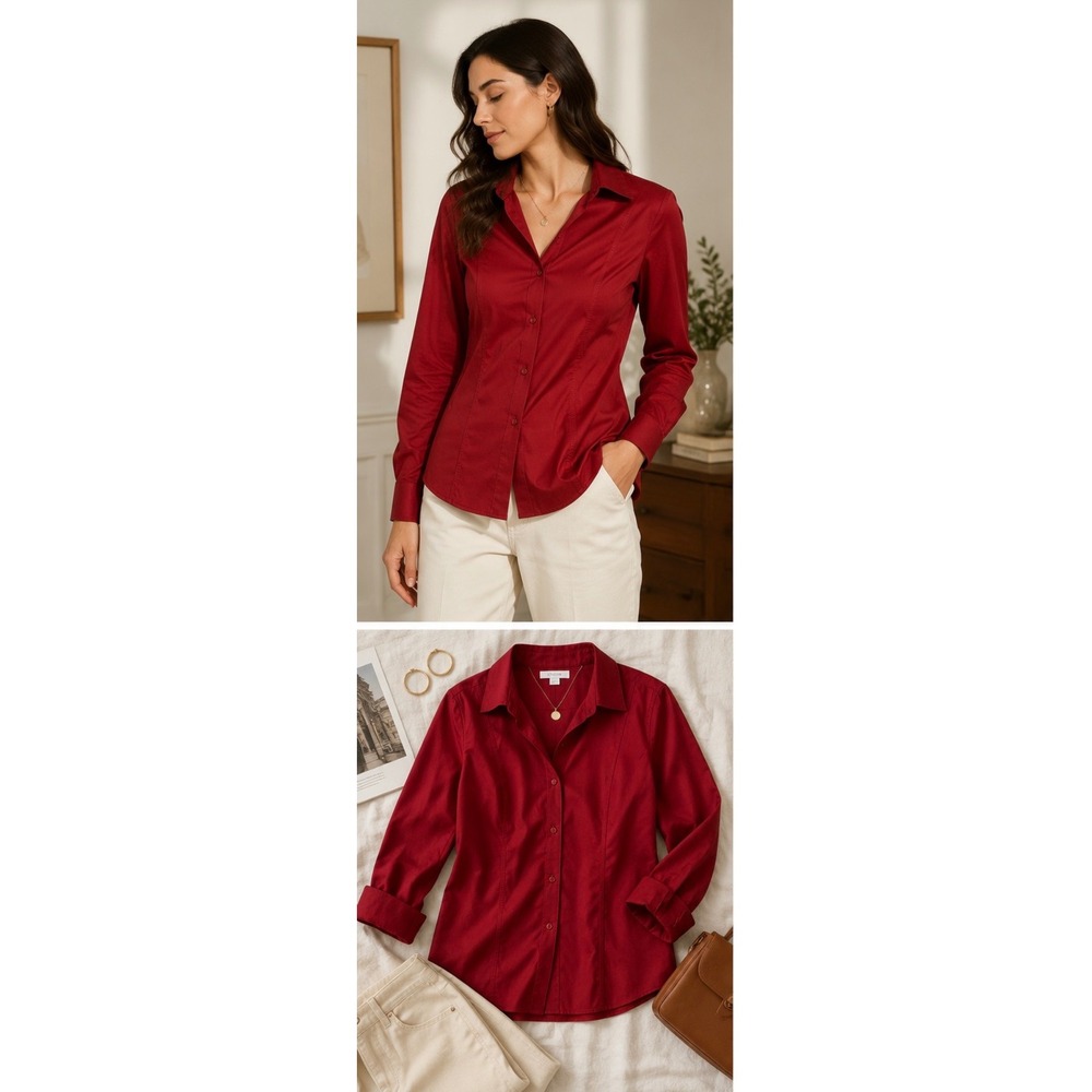 Chicos No-Iron Cotton Button Down Shirt Red Long Sleeve Blouse Size 2 L Large